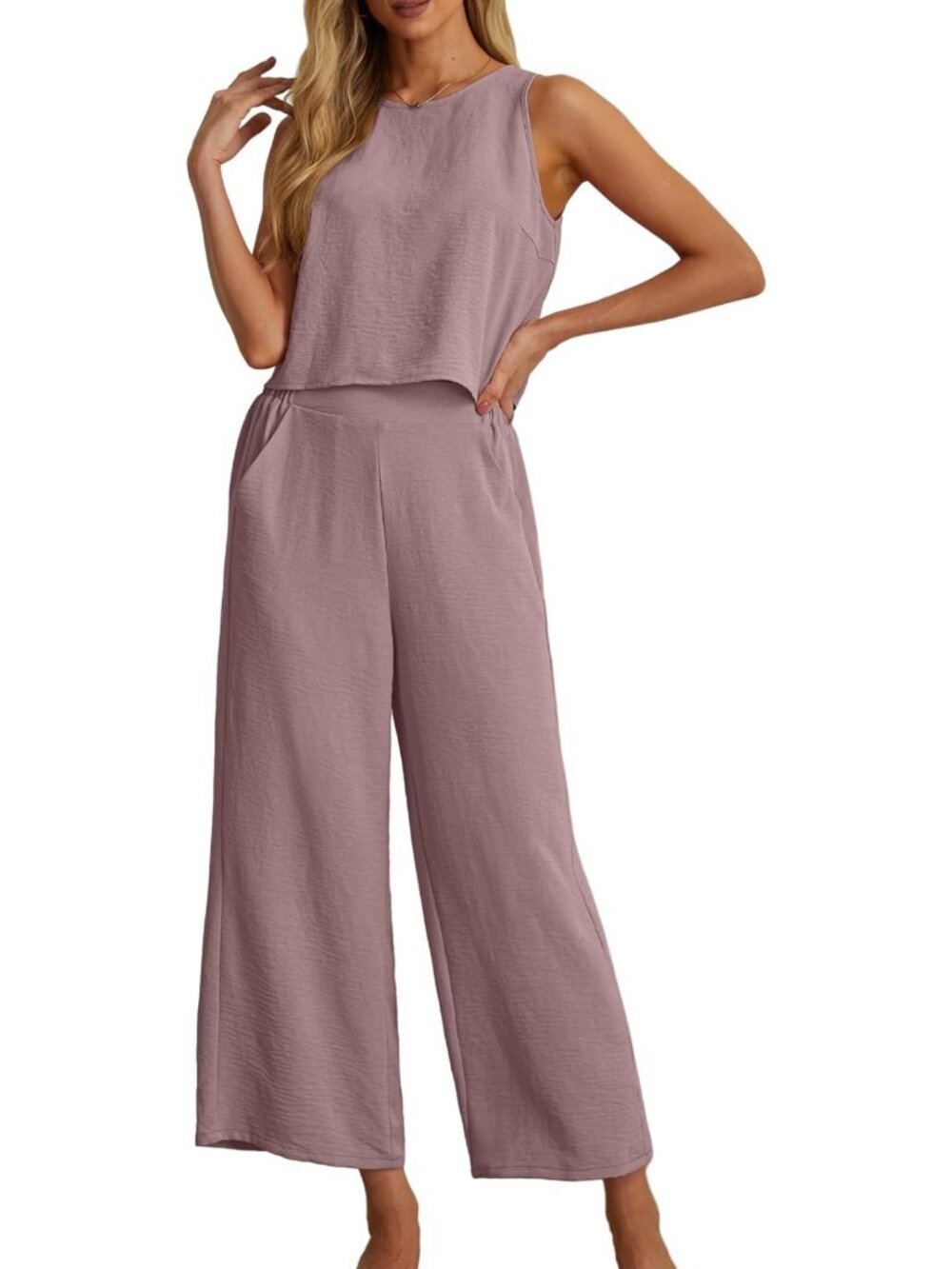Summer 2-Piece Outfit Set: Sleeveless Crop Top & Wide Leg Pants with Pockets
